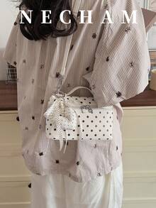 1 buah Tas Bekal Makan Siang Genggam Motif Polkadot Gaya Korea, Tas Bahu Harian Modis (Tanpa Liontin) - Putih - View 2