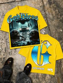 Y2K Alien Graphic Tee Men Double Sided UFO Print Streetwear Oversized T Shirt Futuristic Urban Summer Outfit Hip Hop Top - 黃色 - 查看 1