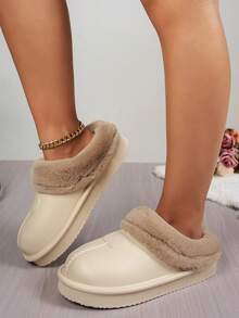 Women's Autumn/Winter Thick Sole Closed Toe Thermal Lined Slip-On House Slippers, Comfortable Warm Soft Indoor Plush Slippers - Beige - View 3