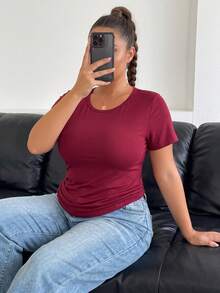 Women's Plus Size 2-In-1 Short Sleeve T-Shirt Solid Activewear Top With Built-In Support - Burgundy - View 7