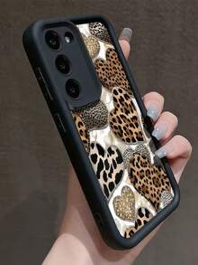 1pc Eye Of Providence Leopard Print Heart Pattern Phone Case, Black Leather Frame Shockproof Soft TPU Protective Cover, Compatible With GALAXY, HONOR, Phones - Black - View 4
