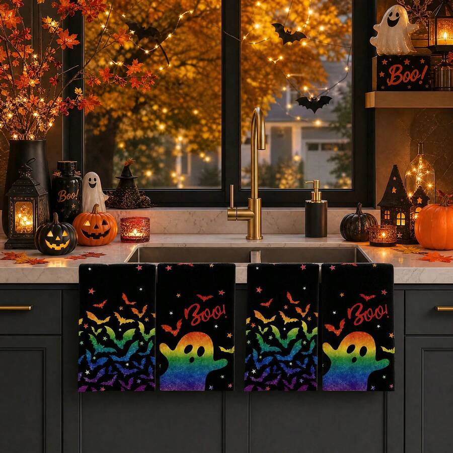 2/4/48pcs Halloween Series Rainbow Ghost & Bat Pattern Printed Kitchen Towels - Super Soft, Highly Absorbent Polyester Dish & Hand Towels, Perfect For Holiday Decor, Kitchen Decor, Party Decor