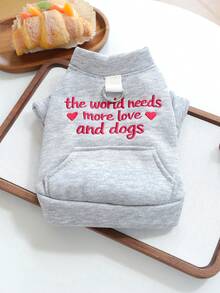 PETCIRCLE 1PC Pet Clothes Small Dog Puppy Cat Cute Pet Autumn Winter Simple Solid Color Versatile Windproof Warm Letter Embroidery Love & Dog Sweatshirt - Grey - Grey - View 3