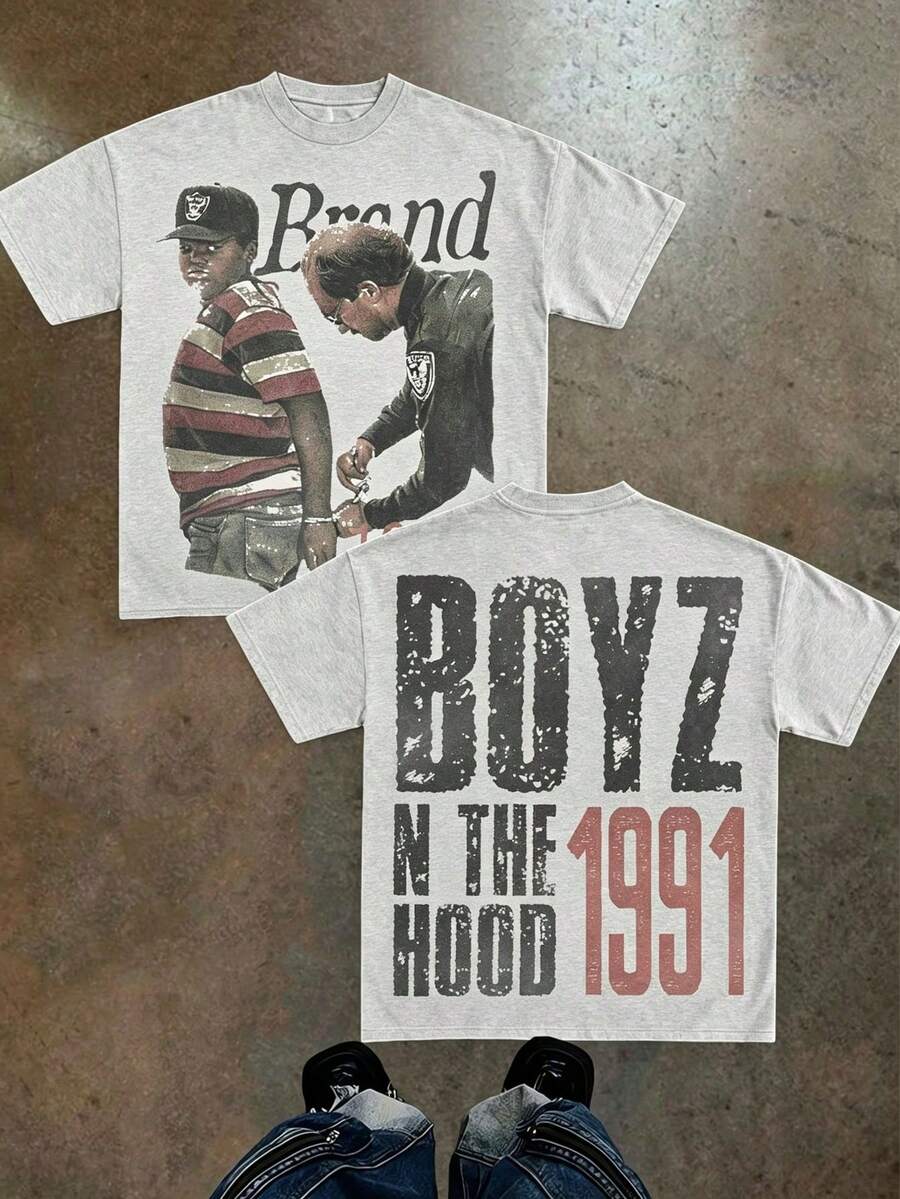 Boyz N The Hood 1991 T-Shirt Retrò in Cotone da Uomo, Stile Grunge Stampato, Abbigliamento Streetwear, Abbigliamento Cristiano, T-Shirt Grande, Maglietta con Gesù, Grafica Y2K - Grigio - Visualizzare 1