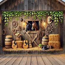 2D Flat Cowboy Horse Racing Theme, Vintage Stable Style, Includes Wooden Fence, Cowboy Hat, Haystack, Vintage Carriage Wheel, Suitable For Indoor And Outdoor Themed Events, Can Be Used As Wall Decor, Photo Backdrop, Home Decoration, Outdoor Party - 1 - View 19