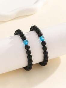 2pcs/Set Glow-In-The-Dark Black Bead Couple Friendship Family Bracelet Set, Casual Jewelry For Daily Wear And Holiday Gift - Multicolor - View 8