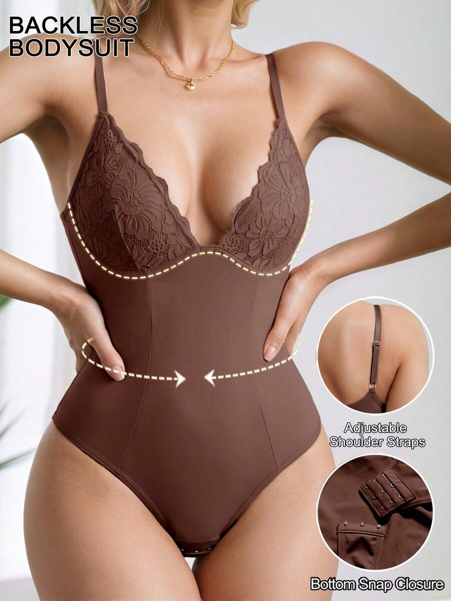1pc Seamless Lace Deep V-Neck Shaping Bra, Effective Body Shaper Suitable For Weddings And Parties - Brown - View 1