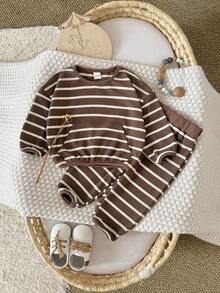2Pcs/Set Baby Girls Brown & White Striped Waffle Long Sleeve Set, Loose Pocket Top & Cuffed Pants Casual Two Pieces Outfit - Brown - View 13