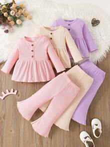 6pcs Baby Girl Casual Solid Color Knit Top & Versatile Flared Pants Set, Outdoor Autumn/Winter - Multicolor - View 1