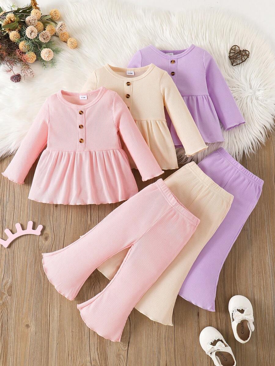 6pcs Baby Girl Casual Solid Color Knit Top & Versatile Flared Pants Set, Outdoor Autumn/Winter - Multicolor - View 1