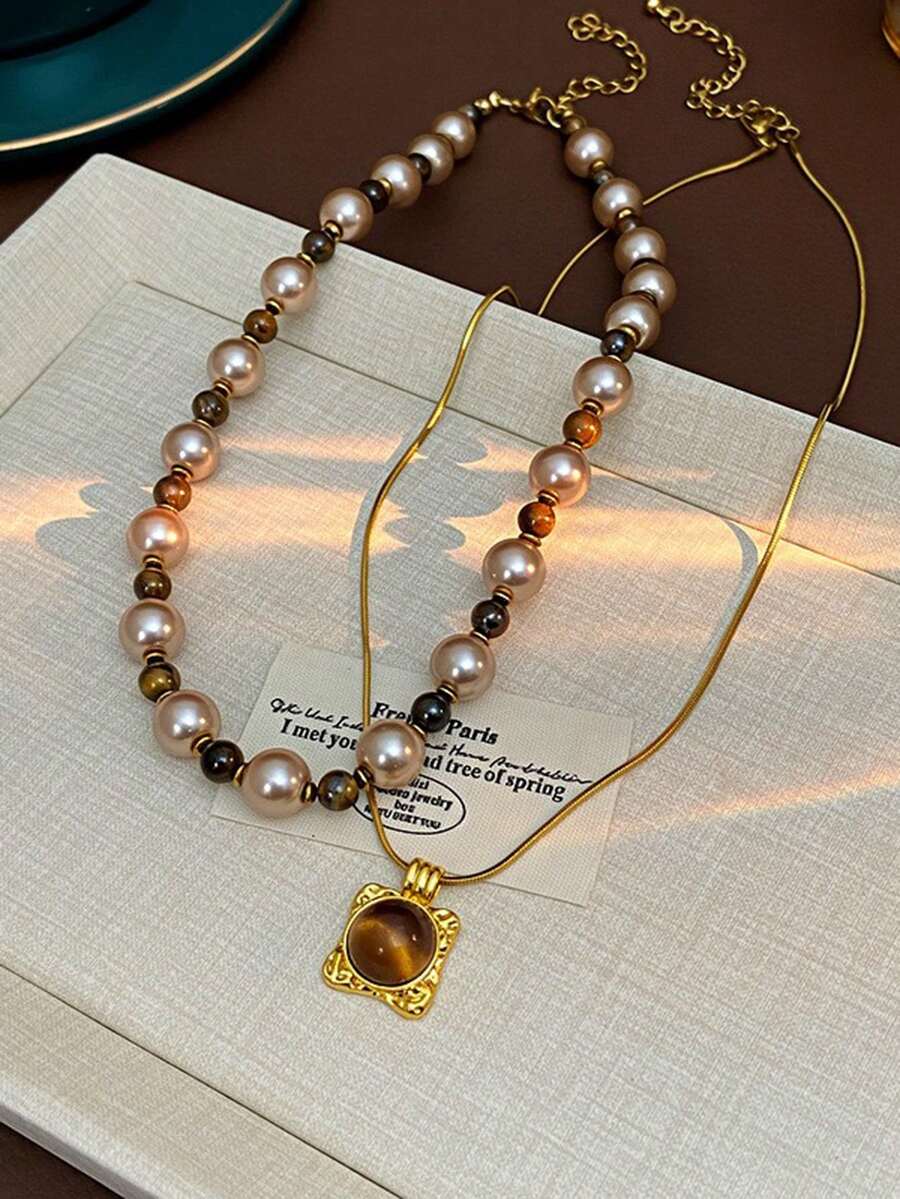 2件組復古梅納德風愛心虎眼石流蘇項鍊,極簡毛衣鍊飾女款配件 - 棕色 - 查看 1