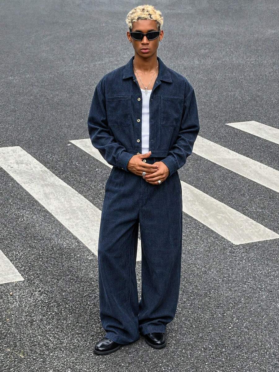 HOMIIE Men's Corduroy 2 Pieces Set, Lapel Button Front Short Jacket & Wide Leg Pants Outfit, Casual Solid Color Streetwear Set, Suitable For Autumn - Navy Blue - View 1