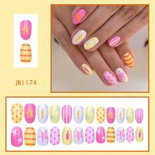 24pcs Round Colorful Short False Nails, Star & Fish Pattern, Women Summer Coffin Shaped Fake Nails - 彩色 - 查看 3