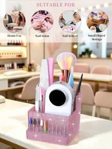 1pc Rhinestone Luxury Nail Tool Storage Organizer Box, Multi-Slot Nail Accessory Storage Container, Holds Nail Drill, Nail Files, Nail Brushes, Nail Drill Bits, Suitable For Nail Studio, Home Nail Desk Decoration Storage Rack - Multicolor - View 3