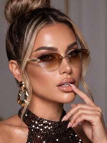 1pc Women's Rimless Edged Triangular Retro Cat Eye Small Frame Oceanic Lens, Rivet Metal Temples Hip-Hop Street Fashion Elegant Unisex Stylish Fashion Glasses, Suitable For Beach, Seaside, Vacation, Travel, Driving, Camping, Outdoor Activities - Multicolor - View 2