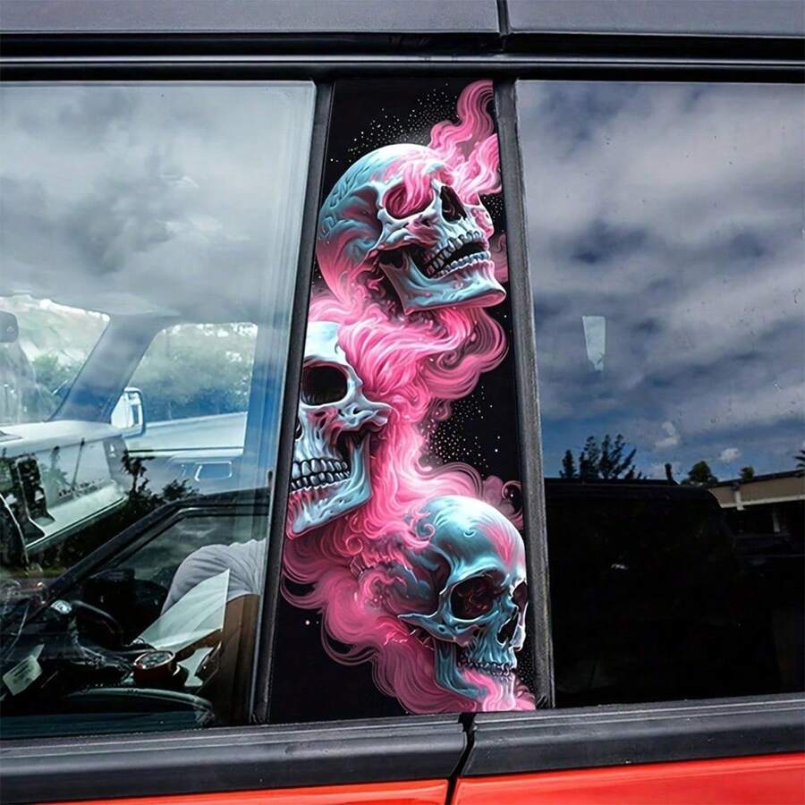 2pcs Triple Skulls Smoke Car B Pillar Vinyl Decal, Gothic Skeleton Smoke Pattern Auto Middle Window Sticker, Waterproof Horror Skull Car Door Pillar Decor Sticker For SUV Truck Van - Triple Skull - View 1