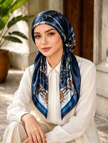 1pc Pre-Sewn Lined Elastic Headscarf, Women's Printed Satin Ready-To-Wear Hijab Cap, Muslim Prayer Headscarf, Non-Slip Elastic Headwrap - Navy - View 3
