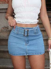 Rok Mini Denim Model A-Line Kasual Wanita dengan Lubang Sabuk, Rok Modis untuk Musim Semi/Panas - Medium Wash - View 5