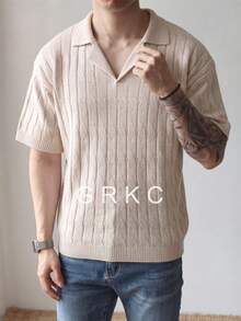 GRKC 春夏男款新款休閒寬鬆極簡純色扭繩羅紋韓系百搭通勤小眾時尚 Polo 領套頭短袖針織 T-shirt 上衣 - 杏色 - 查看 2