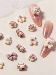 Approx. 20pcs Random Mixed Flocked Cartoon Animal Nail Art Accessories, Bear Rabbit Cat Paw Bow Random Mix, Matte Flocked Texture With Strong Atmosphere, Small Size Versatile, Suitable For All Nail Shapes, Pairs Well With Nude Milk Tea Nail Polish, Long And Short Nails Can Create Soft And Healing Nail Art - Multicolor - View 1