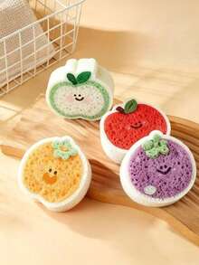 Cute Fruit Shaped Compressed Kitchen Sponge, Cartoon Apple Persimmon Eggplant Cleaning Sponge, Absorbent Soft Dish Brush, Suitable For Pots Bowls Sink - A - View 9