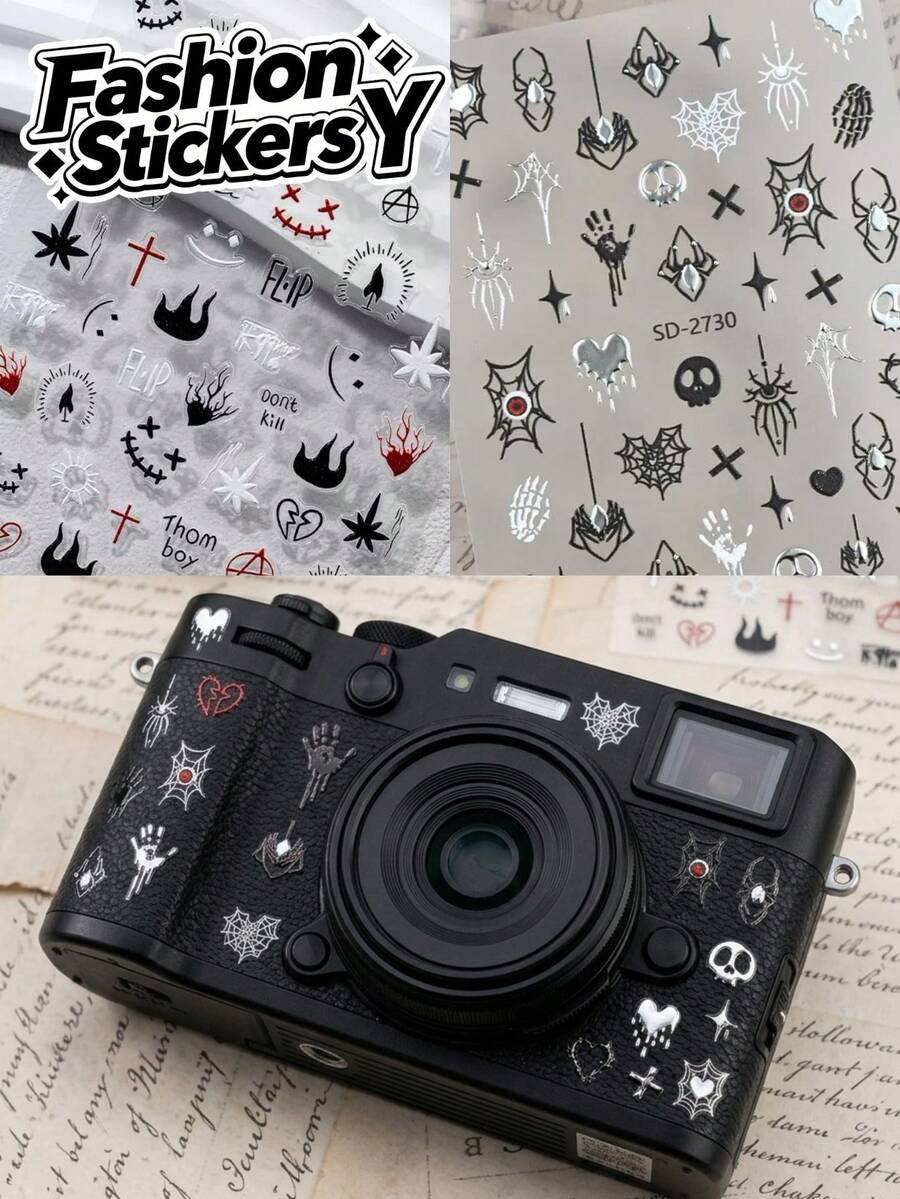 1 Set Ins Punk Dark Halloween Embossed Decorative Stickers, Spider Web, Skull Palm, Flame And Gothic Pattern Combination Design, Black White Red Color Scheme With Cool Vibe, Firm Adhesion And Scratch-Resistant, Suitable For Digital Shells, Storage Boxes, Planner Decoration Room Decor Home Decor Halloween Decor - 1 Set Punk Dark Spider Web - View 1