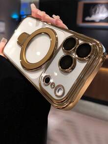 Luxury Electroplated Magnetic Phone Case Compatible With IPhone 17 16 15 14 13 Pro Max 17Pro Magsafe Stand Base Transparent Protective Shell - Mustard Yellow - View 4