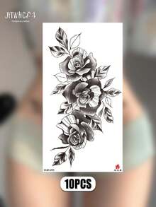 10件組女性防水臨時紋身貼，性感花卉水轉印假紋身貼紙，逼真黑灰色玫瑰腰部/臀部臨時紋身貼花，性感女性腹部逼真紋身，防水曼陀羅下腹部身體藝術貼紙，適合女性、比基尼穿搭、夜店場合 - 黑色 - 查看 5
