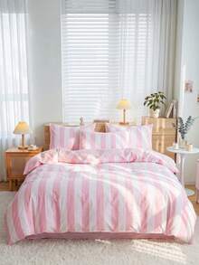 2/3 Piece Bedding Set, Home Textiles, Minimalist Style, Pink And White Striped, Comfortable And Breathable Bedding Set, Soft And Anti-Pilling, Without Comforter, Suitable For All Sizes Of Large And Small Beds, All Season, Indoor Decoration - Multicolor - View 2