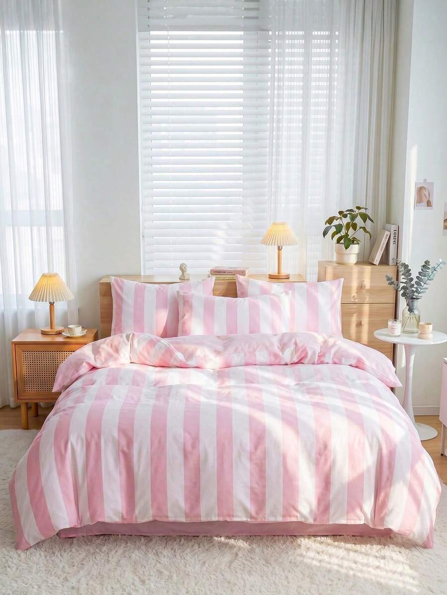 2/3 Piece Bedding Set, Home Textiles, Minimalist Style, Pink And White Striped, Comfortable And Breathable Bedding Set, Soft And Anti-Pilling, Without Comforter, Suitable For All Sizes Of Large And Small Beds, All Season, Indoor Decoration
