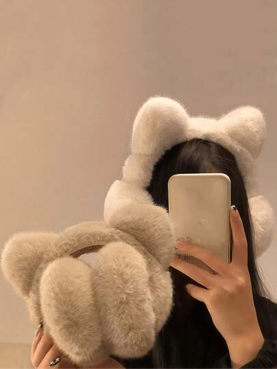 Cute Cat Ear Faux Fur Foldable Ear Warmers, Women Windproof Thermal Winter Ear Covers, Outdoor Cycling Daily Cold Weather Accessory