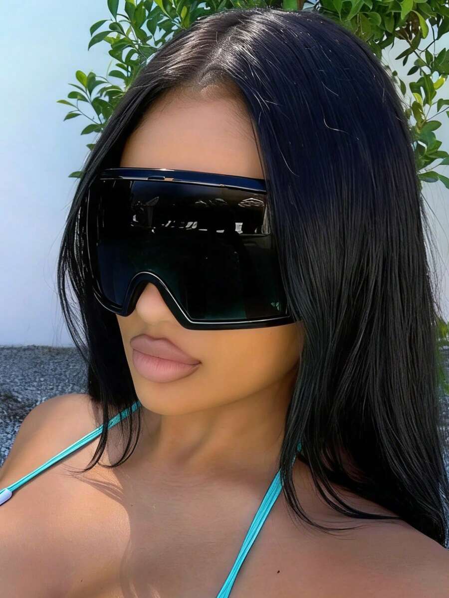 1 buah Kacamata Fashion Gaya Cyberpunk Techno Futuristik Ukuran Besar, Unik untuk Wanita - Hitam - View 1
