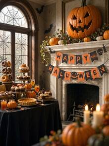 2pcs-Happy Halloween Bunting, Halloween Banner, Pumpkin Ghost Bat Paper Garland, Suitable For Indoor Halloween Party, Halloween Home Decor, Fireplace, Wall, Porch, Haunted House And Gothic Theme Decoration, Home Decor Living Room, Room Decoration, Halloween Holiday Home Decor, Halloween Festival Accessories Party Supplies, Holiday Background Decoration Banner, My Recent Halloween Order - Multiple Styles - View 2