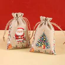 1/6/12/24pcs Festive Christmas Jute Burlap Gift Bags With Drawstring Closure - Watercolor Santa, Snowman, Nutcracker, Gingerbread For Man & Reindeer Designs, Rustic Linen Fabric For Holiday Party Favors, Treat Bags, Jewelry Storage & Xmas Decorations - Multicolor - View 6