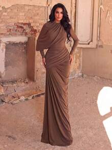 Women's Brown Elegant Formal Long Dress, Long Sleeve Ruched Asymmetric Chiffon Gown, Round Neck, Suitable For Luxury Evening Party - Coffee Brown - View 1