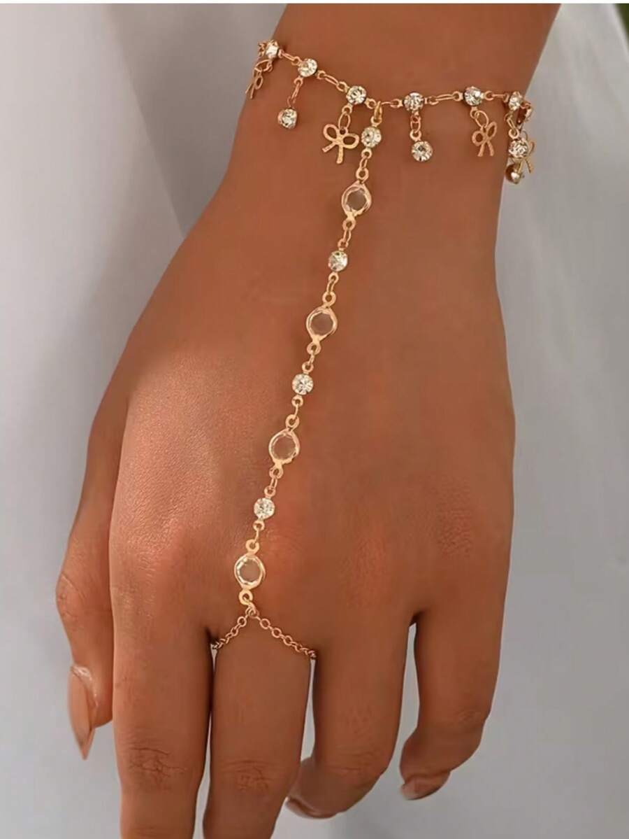 1pc Bohemian Style Fashionable Personalized Metal Hollow Rhinestone Flower Finger Bracelet For Daily Wear And Shopping
