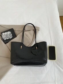 女款大容量高級手提包，時尚百搭休閒極簡通勤單肩托特包 - 黑色 - 查看 3