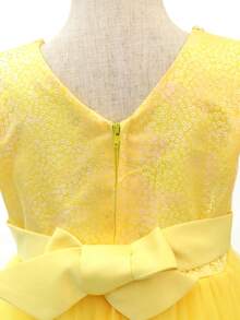 Girls Long Dress, Performance Dress, Flower Girl Wedding Dress, Sweet Princess Dress, Bow Tulle Dress For Wedding, Birthday, All Seasons - Yellow - View 8