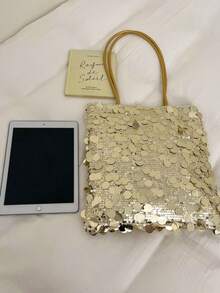 全覆蓋金色亮片與珠飾裝飾重磅網布大容量開口托特包，亮麗派對魅力風，適合書籍與筆電，女性晚宴、約會、購物、攝影，可肩背與手提的大包 - 金色 - 查看 8