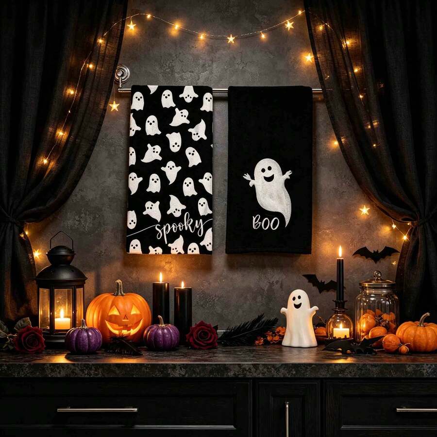 2/4/48pcs Halloween Series Little Ghost Boo Pattern Printed Kitchen Towels - Super Soft, Highly Absorbent Polyester Dishcloths And Hand Towels, Perfect For Holiday Decor, Kitchen Decor, Party Decor