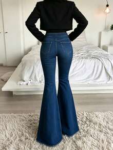 Women's Distressed Flare Jeans, Medium Stretch Wide Leg Denim Pants With Pockets And Washed Frayed Hem, Casual Style - Dark Wash - View 4