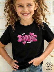 Girls Summer Streetwear Short Sleeve T-Shirt With Pink Letter Print & Heart Design, Breathable Round Neck Casual Top For Kids - Black - View 2