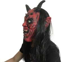 Halloween Satan Demon Latex Mask, Vampire Long Hair Full Head Mask, Adult Horror Red Face Horn Mask - Red Demon Mask - View 6