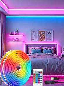 霓虹燈條 USB RGB 附遙控器，RGB 紅外線霓虹 LED 矽膠軟燈條，聖誕防水氛圍燈，無線遙控變色燈條，節日室內外裝飾燈 1m/2m/3m/4m/5m，DIY 服裝燈，房間裝飾，臥室裝飾 - 彩色光 - 查看 8