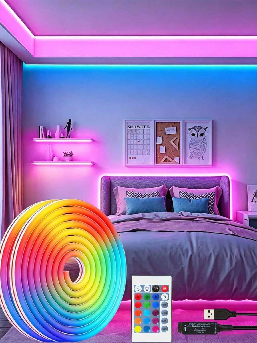 Neon Light Strip USB RGB With Remote, RGB Infrared Neon LED Silicone Soft Light Strip Christmas Waterproof Atmosphere Light Wireless Remote Control Color Changing Light Strip Festival Indoor Outdoor Decoration Light 1m/2m/3m/4m/5m, DIY Costume Light, Room Decor, Bedroom Decor