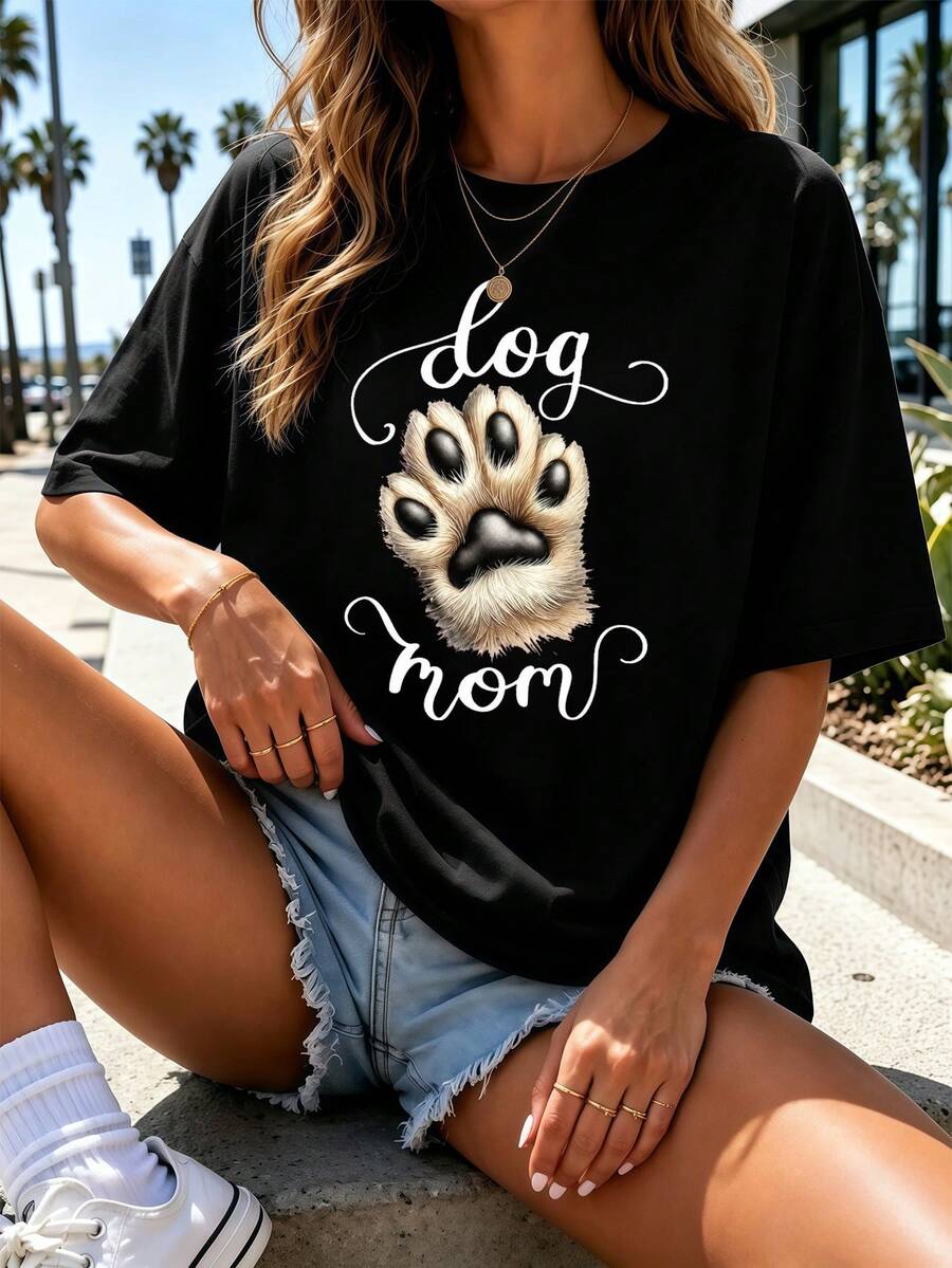 Dog Mom Graphic Cotton T-Shirt, Spring, Soft Cotton, Crew Neck, Relaxed Fit, Casual - Black - View 1
