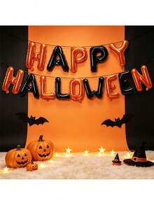 14pcs Happy Halloween Balloon Banner Set, Orange And Black Color Scheme, Suitable For Halloween, Trick Or Treat Party Decoration, Halloween Photo Booth Props, Halloween Party Decoration - Halloween - View 9