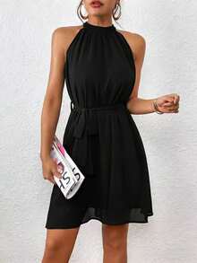 Sleeveless Solid-Color Halter Dress, Fashionable For Summer - Black - View 10
