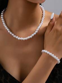 2pcs/Set Minimalist Fashion Faux Pearl Beaded Necklace & Bracelet Set, Versatile For Women's Daily Commute, Vacation, Party - Imitation Pearl Necklace Bracelet - View 1