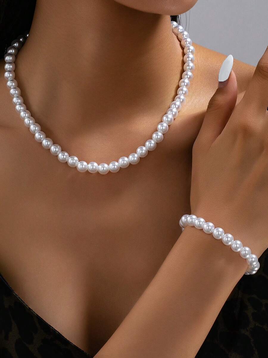 2pcs/Set Minimalist Fashion Faux Pearl Beaded Necklace & Bracelet Set, Versatile For Women's Daily Commute, Vacation, Party - Imitation Pearl Necklace Bracelet - View 1